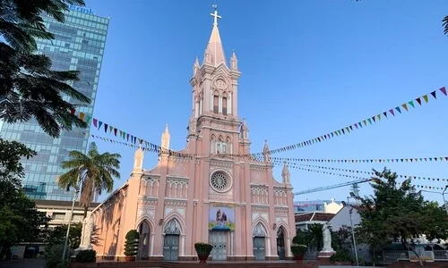 Da Nang Cathedral stands out with its classic Gothic architecture and striking pink color