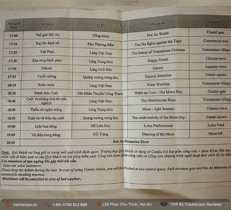 Detailed Schedule for Hoi An Memories Show